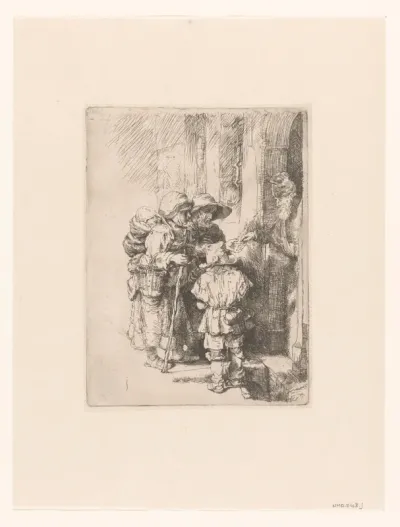 A blind hurdy-gurdy player and family receiving alms