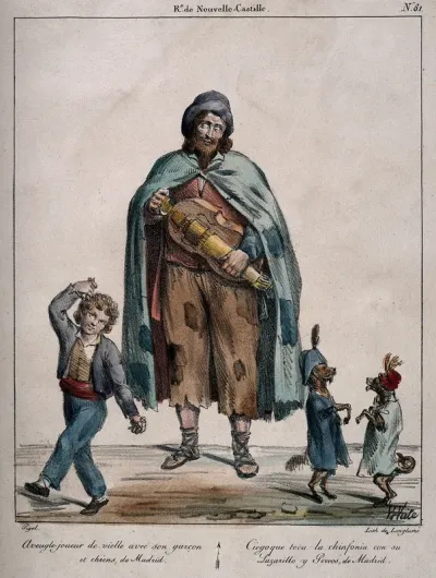 A blind hurdy gurdy player and his son and two dancing dogs
