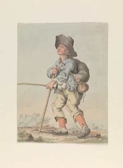 A blind man. Coloured etching attributed to M. Pfenninger