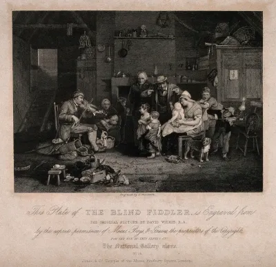 A blind man plays the fiddle to a family audience; a child to the right imitates the fiddler