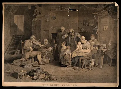 A blind man plays the fiddle to a family audience