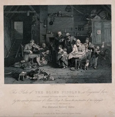 A blind man plays the fiddle to a large family