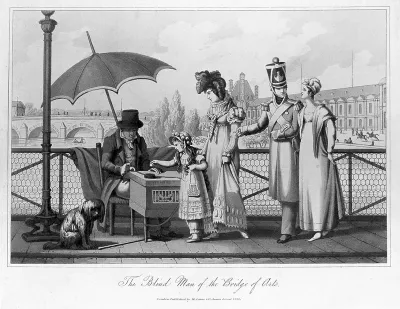 A blind man sits under an umbrella with his dog, a girl with her mother gives him some money, while a soldier and wife contemplate; the Seine and Louvre in the background