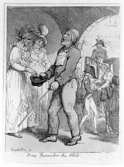 A blind man walks in Covent Garden, begging for money with hat and placard, stops at two ladies, one who gives him money, meanwhile a young fop helps a lady from a carriage