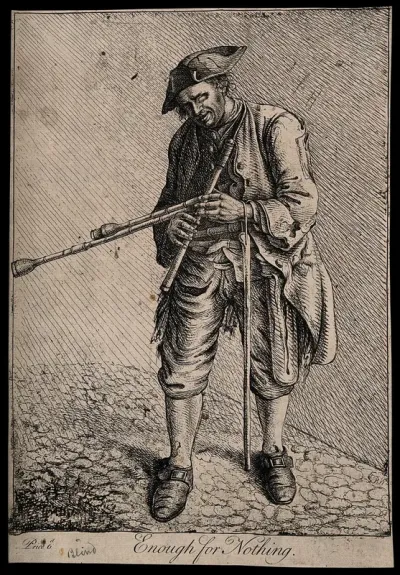 A blind musician holding a uilleann pipe or pastoral bagpipe