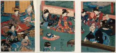 A blind musician plays the koto to a gathering of women dressed in ornate kimonos