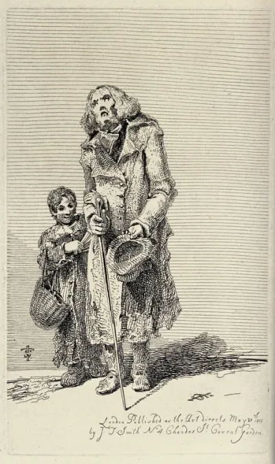 A blind old man holding out his hat begging for alms is supported by a boy in tattered clothes