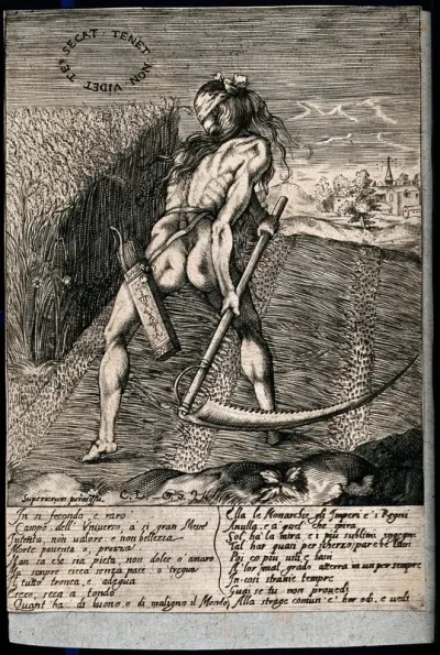 A blindfolded naked man is mowing a field with his scythe; representing the mercilessness of death