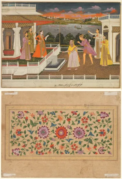 A blindfolded suitor is brought before a princess; verso: scrolling floral vines