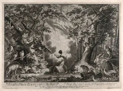A blinding light descends on Eden in the creation of man and the animals