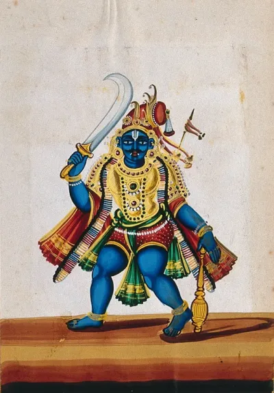 A blue-skinned swami carrying a sword and a mace