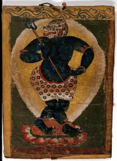 A blue Tibetan demon with a leopard's head (?), holding a trident