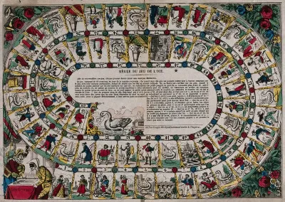 A board game for the game of goose, with squares and numbers with the penalties, forfeits and rewards and instructions