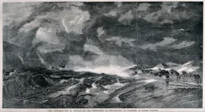 A boat is being tossed around off shore as men and horses with a life-boat prepare to launch a rescue attempt