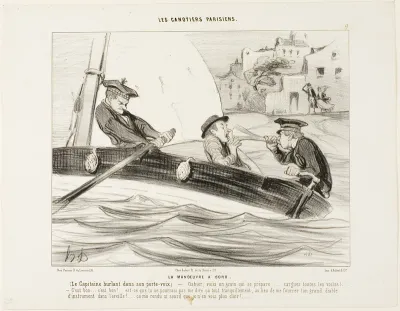 A Boat-Manoeuvre. The Captain yelling in his trumpet: “- Gabier! There is a squall building up, get ready!..... Clew up all the sails!... That's good:.... very good! - Why didn't you say that to me calmly instead of poking this huge instrument into m