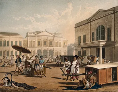 A Bombay square: some men carry sedan chairs and others smoke