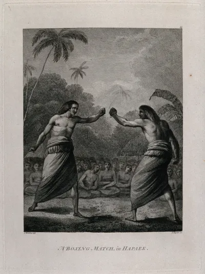 A boxing match in Tonga witnessed by Captain Cook