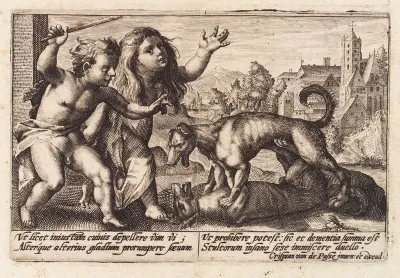 A boy and a girl facing two fighting dogs