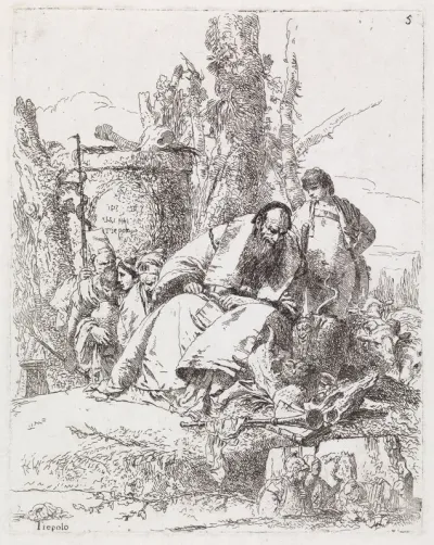A Boy and a Seated Magician Watching a Pile of Skulls, from the Scherzi di Fantasia