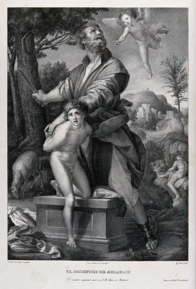 A boy angel appears as Abraham prepares to sacrifice his son