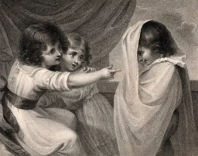 A boy appearing to two girls as a ghost