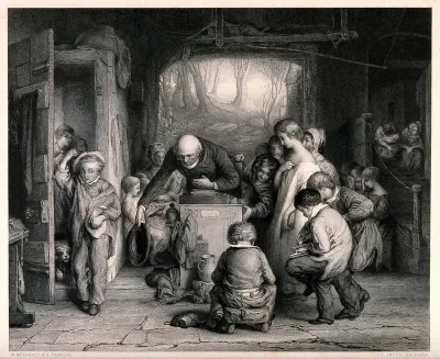 A boy arrives late into a room where the master and other boys are already present