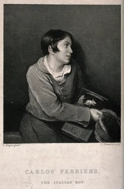 A boy carrying a cage of performing mice, and holding out his hat; designated as Carlos Ferrier, "the Italian boy" murdered by bodysnatchers