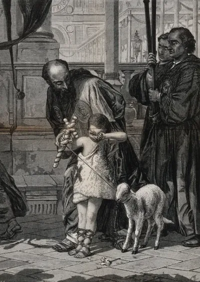 A boy, dressed as Saint John the Baptist for a procession in Venice