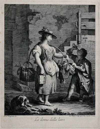 A boy drinks milk from the flask that a young woman has given him from her panier