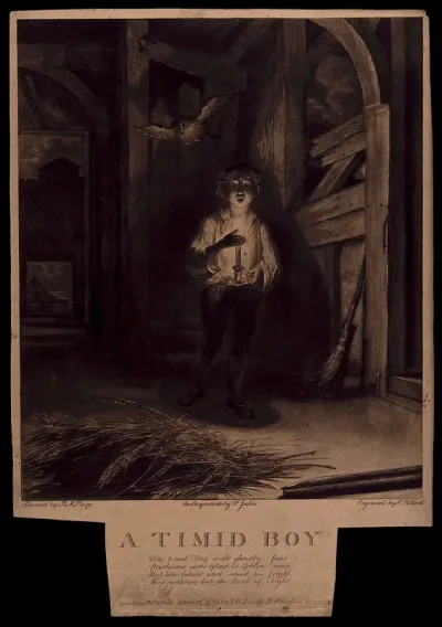 A boy entering a darkened barn, frightened by what he fears is a ghost but is an owl