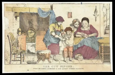 A boy has cut his finger which is being treated by his mother; two other siblings hold him back while he resists