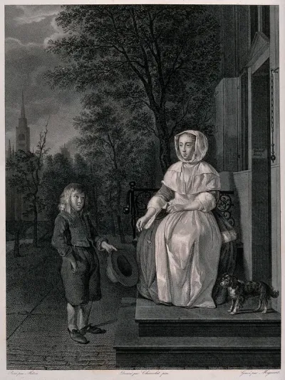 A boy is holding out his hat to a woman who is putting a coin into it