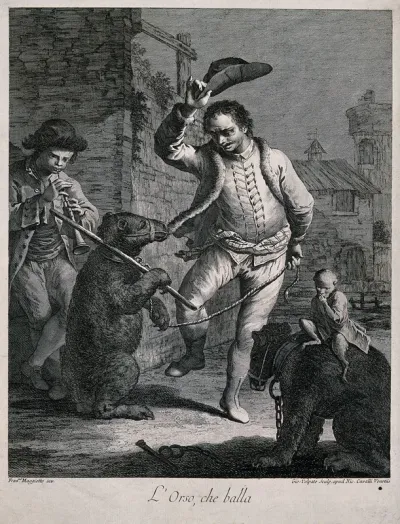 A boy plays a tune as a man dances and encourages a bear on a rope to dance as well, another chained bear is close by with a monkey on its back
