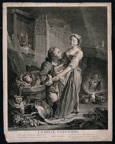 A boy pulls at the hand of a girl who is holding eggs in her apron