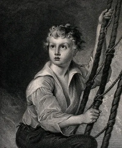 A boy sailor climbing up riggings