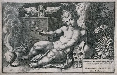A boy seated next to an altar dedicated to Death leans on a skull