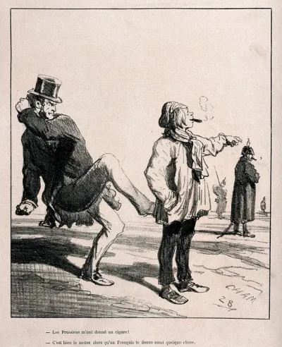 A boy smokes a cigar given him by a Prussian soldier; a furious Frenchman kicks his behind