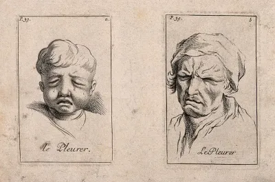 A boy weeping (left) and a man weeping (right)