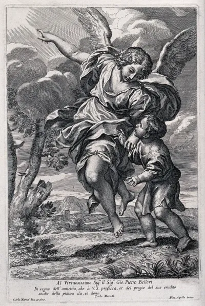 A boy with a guardian angel pointing to heaven