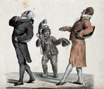 A boy with a monkey perched on his shoulder is begging for alms from an elegant gentlemen