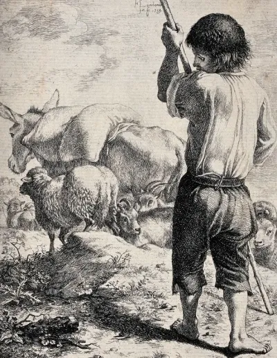 A boy with a staff is tending to a flock of sheep and a donkey carries a load on its back