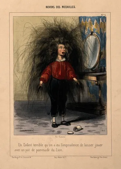 A boy with incredibly long hair growing from his head and hands as a result of playing with a hair restorer