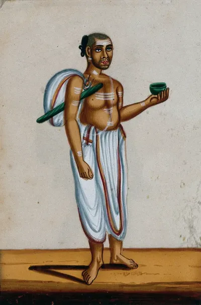 A Brahmin beggar holding a begging bowl