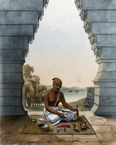 A Brahmin praying to Vishnu, pouring water on the saligram