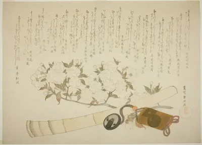 A Branch of White Peach Blossom, an Inro case, and a Hotchiku Flute
