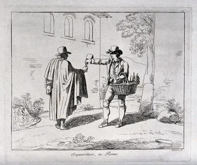 A brandy vendor in Rome is pouring out a drink for a traveller