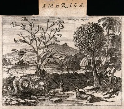 A Brazilian sassafras tree (Aniba species) and a Petunia plant in an exotic landscape with snakes, lizards and tribal people
