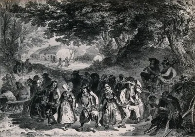 A Breton wedding: village people in costume dance in a circle under trees as musicians play the bagpipes and flute