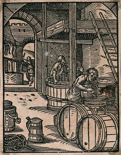 A brewer pouring beer into a barrel; behind, the operations of brewing