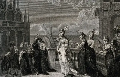A bride accompanied by a group of guests as they descend the staircase from a balcony